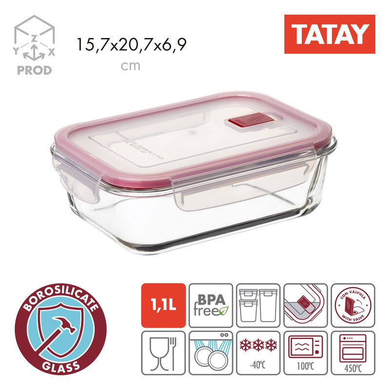 TATAY Cook & Eat - Recipiente Hermético Rectangular en 1.1L en Vidrio Apto Horno