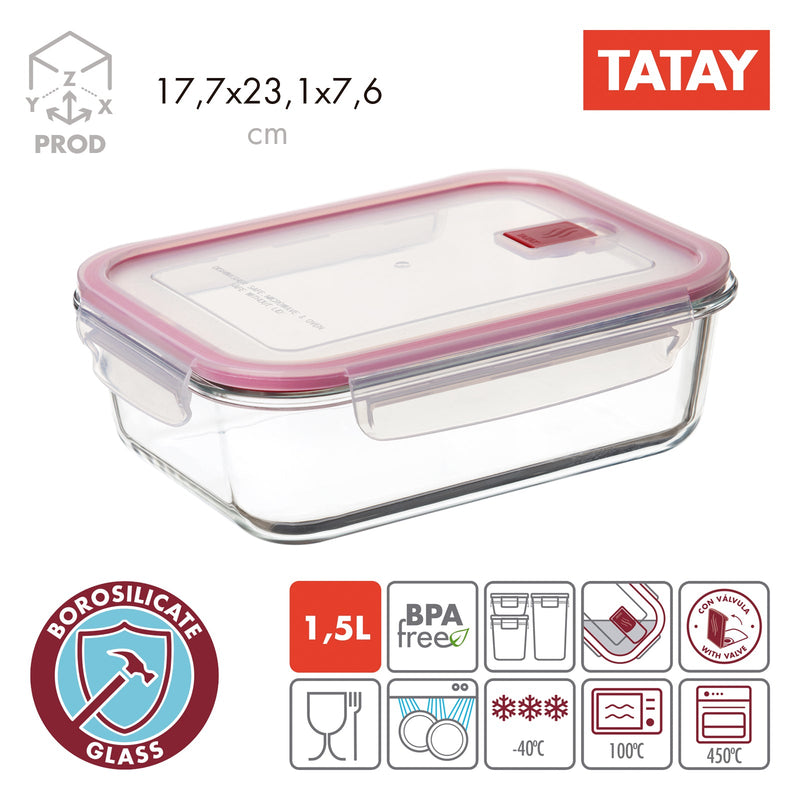 TATAY Cook & Eat - Recipiente Hermético Rectangular de 1.5L en Vidrio Apto Horno
