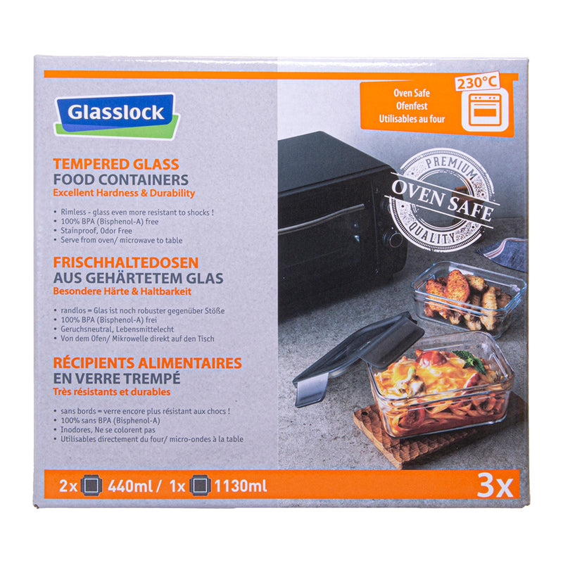 Glasslock Oven Smart - Lote de 3 Recipientes Cuadrados en Vidrio Templado, Aptos Horno