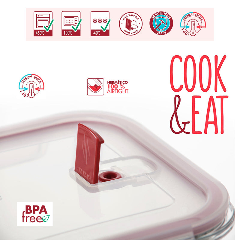 TATAY Cook & Eat - Recipiente Hermético Rectangular de 1.5L en Vidrio Apto Horno