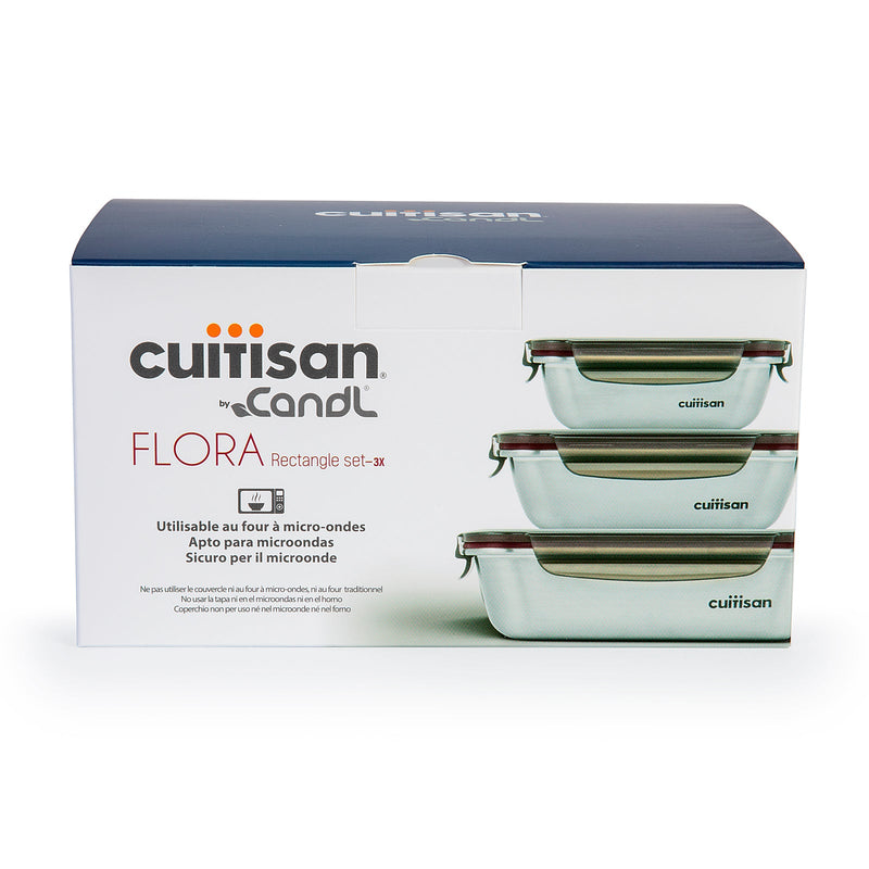 Cuitisan Flora - Lote de 3 Recipientes Rectangulares en Acero Inoxidable. Aptos Microondas