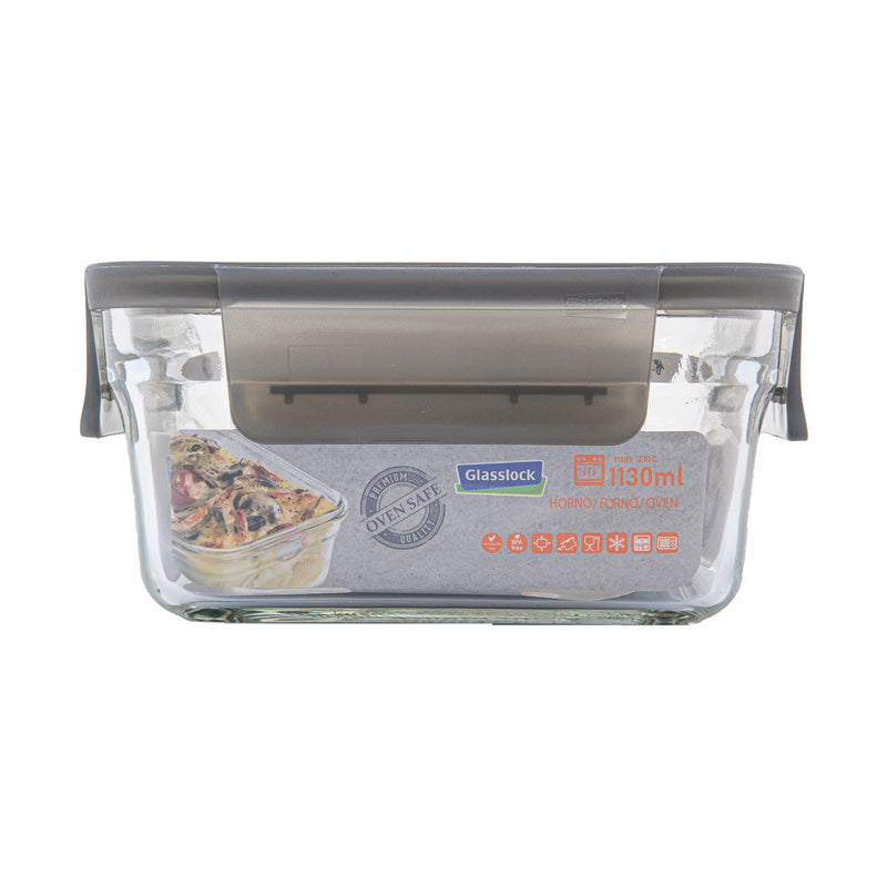 Glasslock Oven Smart - Recipiente Cuadrado en Vidrio Templado, Apto Horno, 1130 ml
