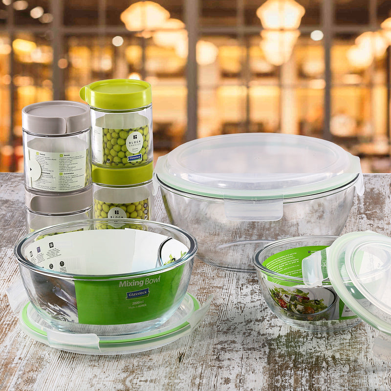 Conjunto de 2 Ensaladeras con Tapa Hermética en Vidrio Sódico-Cálcico. 1L+2L