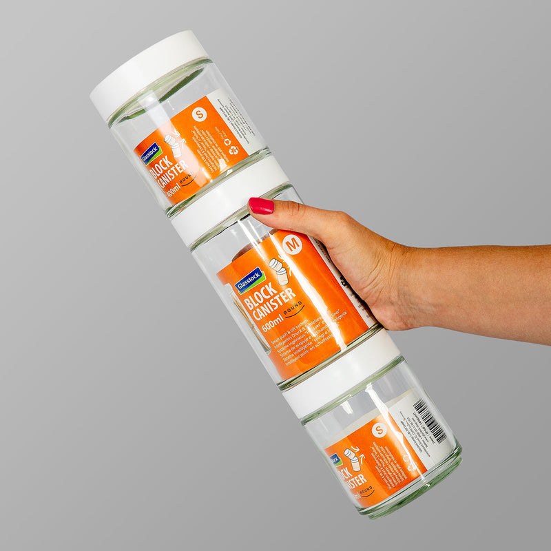 Glasslock Block Canister - Recipiente Hermético Redondo en Vidrio, Blanco 600 ml