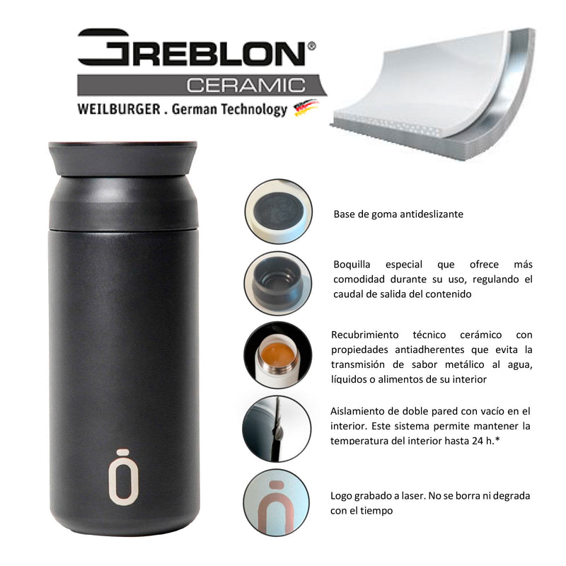 RUNBOTT Coffee - Vaso Térmico 350 ml en Acero Inoxidable con Interior Cerámico. Negro
