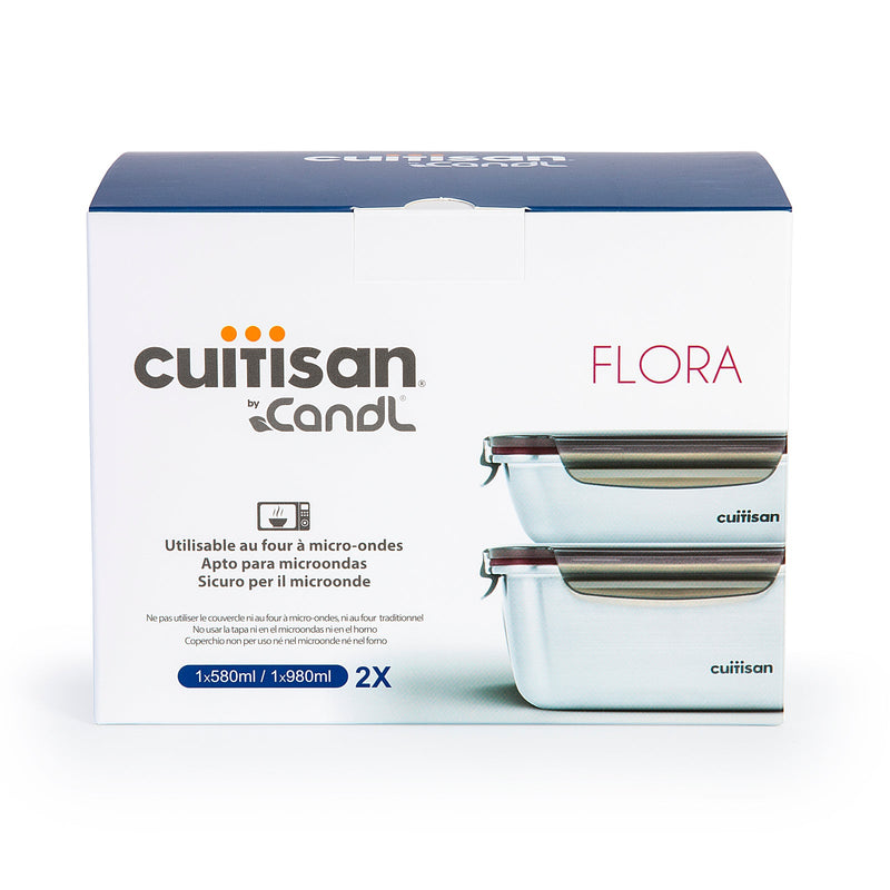 Cuitisan Flora - Lote de 2 Recipientes Rectangulares en Acero Inoxidable. Aptos Microondas