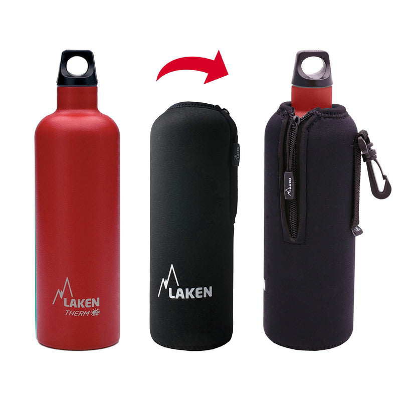 LAKEN - Funda de Neopreno para Botellas de 1.5L con Mosquetón y Trabilla. Negro