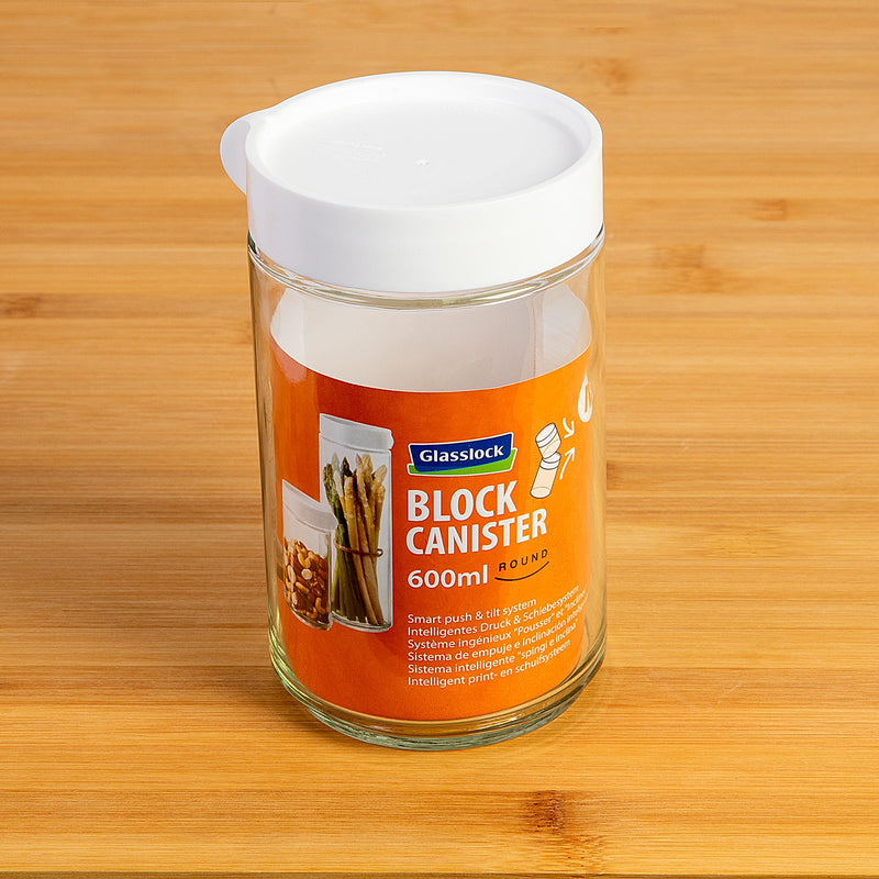 Glasslock Block Canister - Recipiente Hermético Redondo en Vidrio, Blanco 600 ml