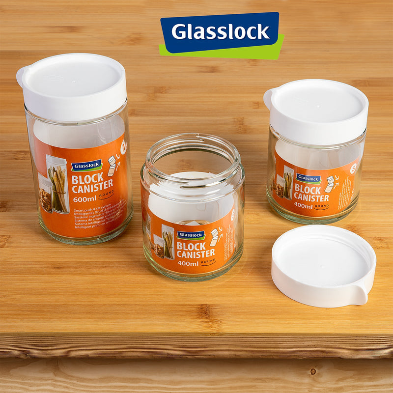 Glasslock Block Canister - Recipiente Hermético Redondo en Vidrio, Blanco 600 ml