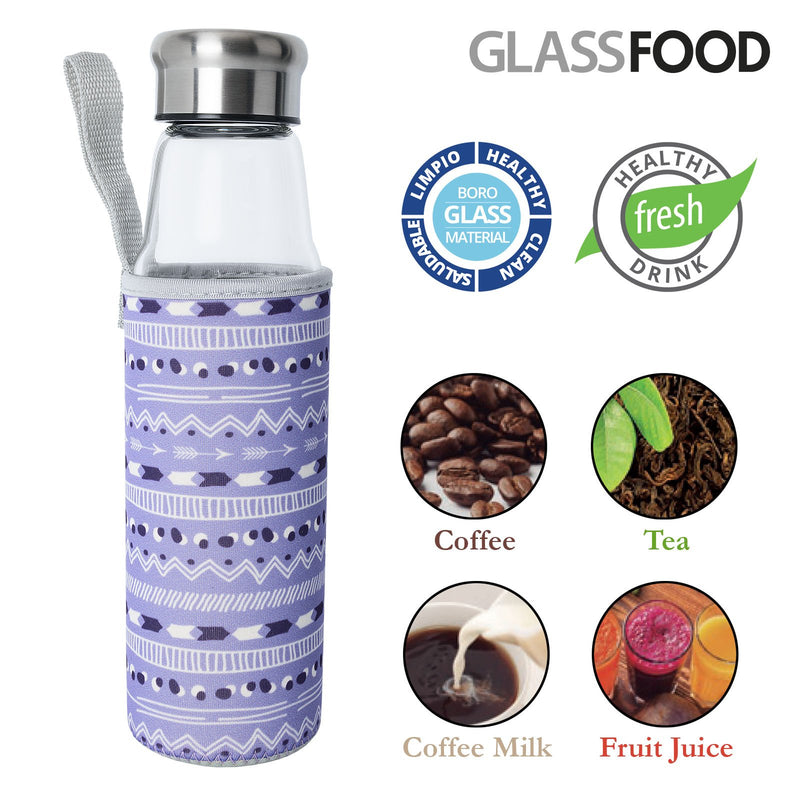 IRIS Boho - Botella de Agua 0.55L en Vidrio con Funda Neopreno, Lila