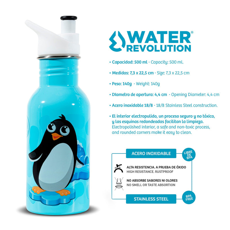 Water Revolution - Botella Infantil de Acero Inoxidable 500 ml. Sport Kids Penguin
