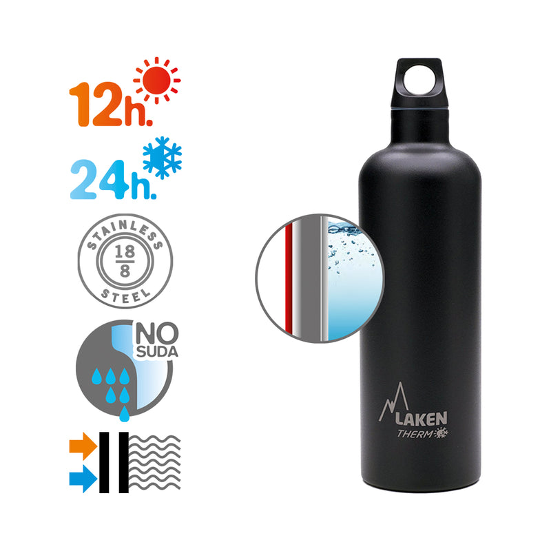 LAKEN Futura - Botella Térmica de Boca Estrecha 0.75L en Acero Inoxidable. Negro