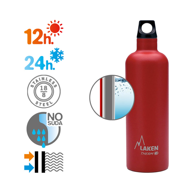 LAKEN Futura - Botella Térmica de Boca Estrecha 0.75L en Acero Inoxidable. Rojo