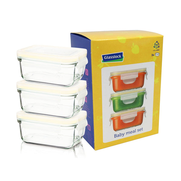 Glasslock Baby - Set de 3 Recipientes Herméticos Rectangulares de 150 ml en Vidrio Templado