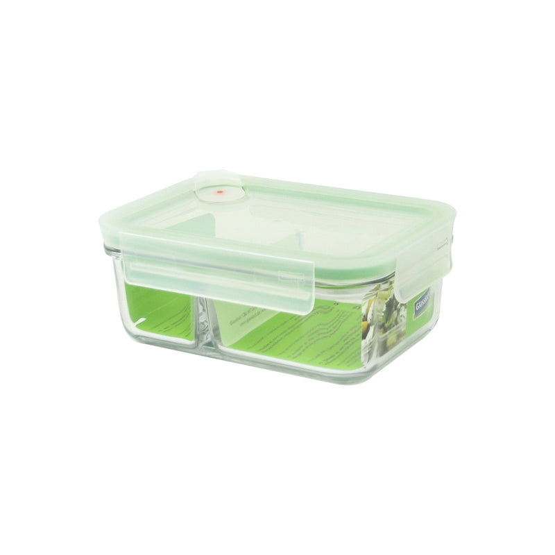 Glasslock Duo - Recipiente Rectangular en Vidrio Sódico-Cálcico con Válvula, Apto Microondas 670 ml