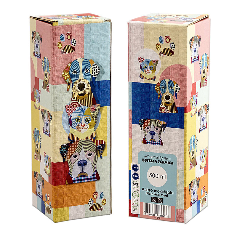 JAVIER - Botella Térmica Reutilizable en Acero Inoxidable, 500 ml, Colección Perro y Gato