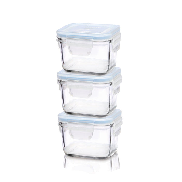 Glasslock Baby - Set de 3 Recipientes Herméticos Cuadrados de 210 ml en Vidrio Templado