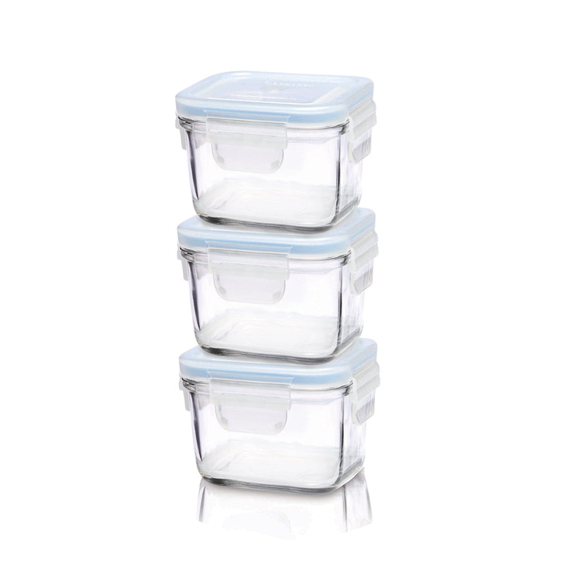 Glasslock Baby - Set de 3 Recipientes Herméticos Cuadrados de 210 ml en Vidrio Templado