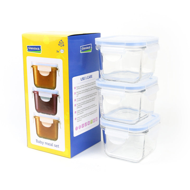 Glasslock Baby - Set de 3 Recipientes Herméticos Cuadrados de 210 ml en Vidrio Templado