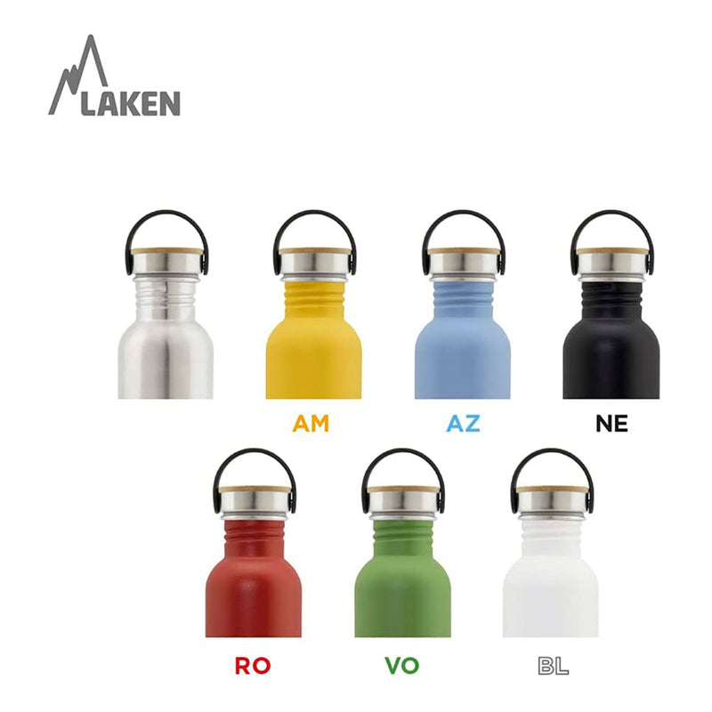 LAKEN Basic Steel Bambú - Botella de Agua 1L en Acero Inoxidable con Asa. Plata