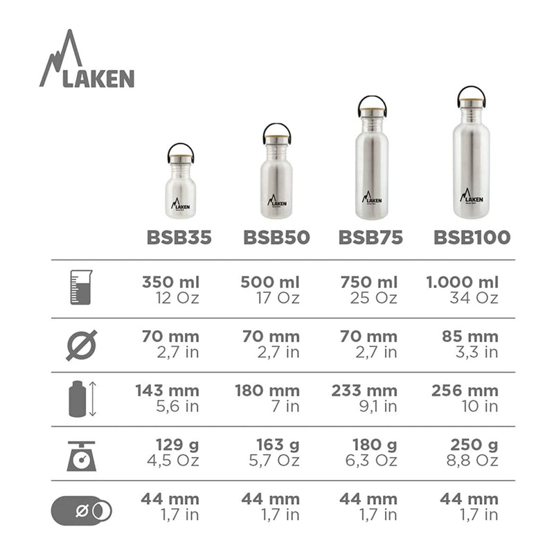 LAKEN Basic Steel Bambú - Botella de Agua 1L en Acero Inoxidable con Asa. Plata