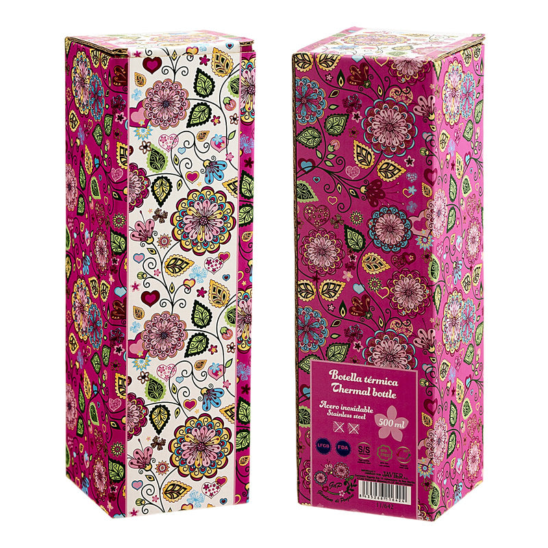 JAVIER - Botella Térmica Reutilizable en Acero Inoxidable, 500 ml, Colección Flores