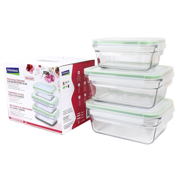 Glasslock GL-1420 - Set de 3 Recipientes Rectangulares Vidrio Templado Oven Safe