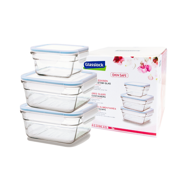 Glasslock GL-1586 - Set de 3 Recipientes Cuadrados Vidrio Templado Oven Safe